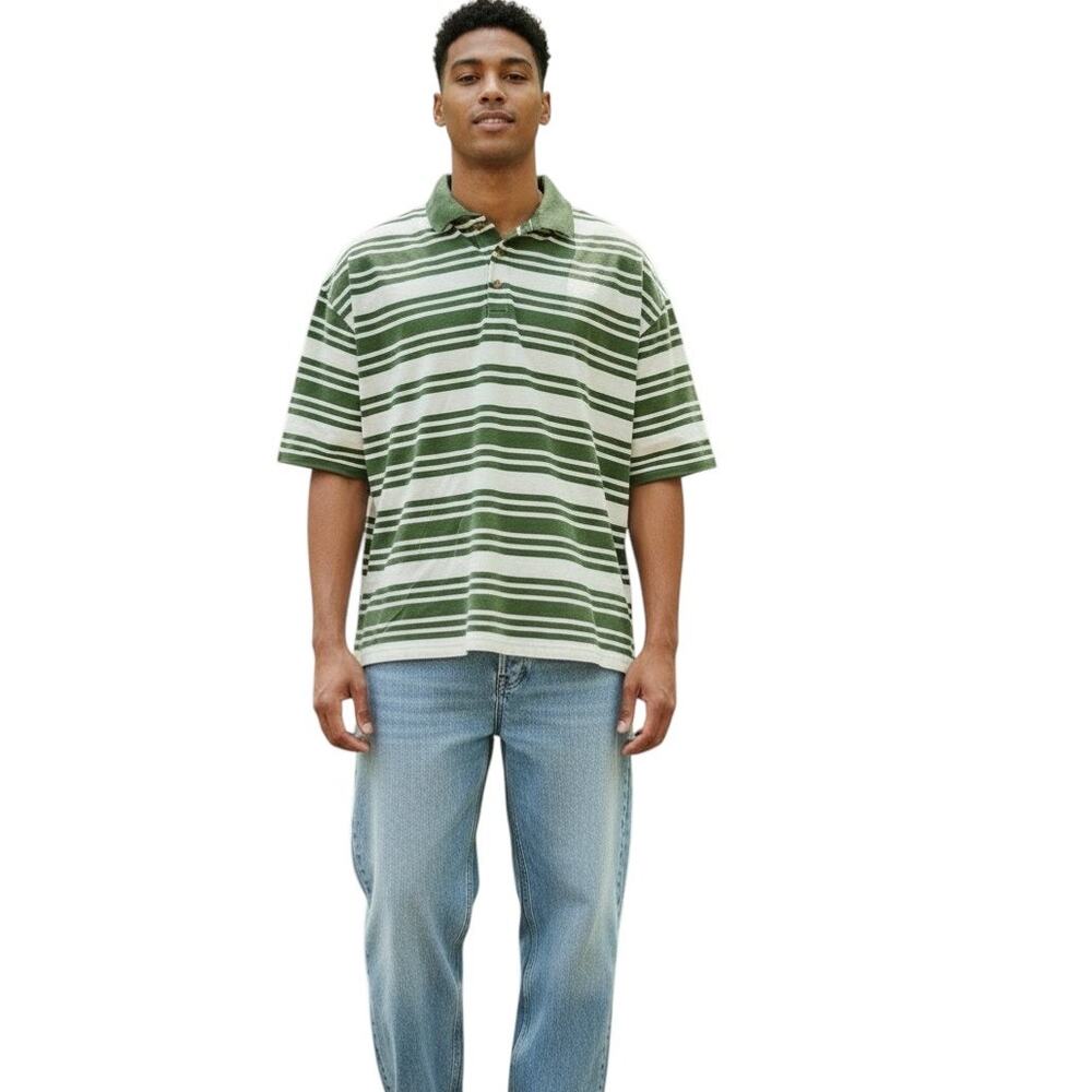 Vintage Anchor Blue Polo Shirt, Green Tan Stripe, Size 2X